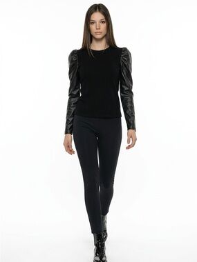 Ariella Black Faux Leather Puff Sleeve
Top Size L Stretch Chic